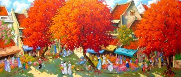 Mercado de flores en primavera asiática vietnamita Pinturas al óleo
